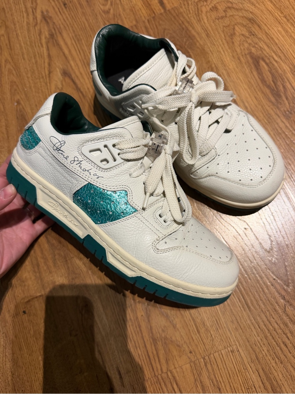 Acne White Leather Low-Top Sneakers with Teal Accents